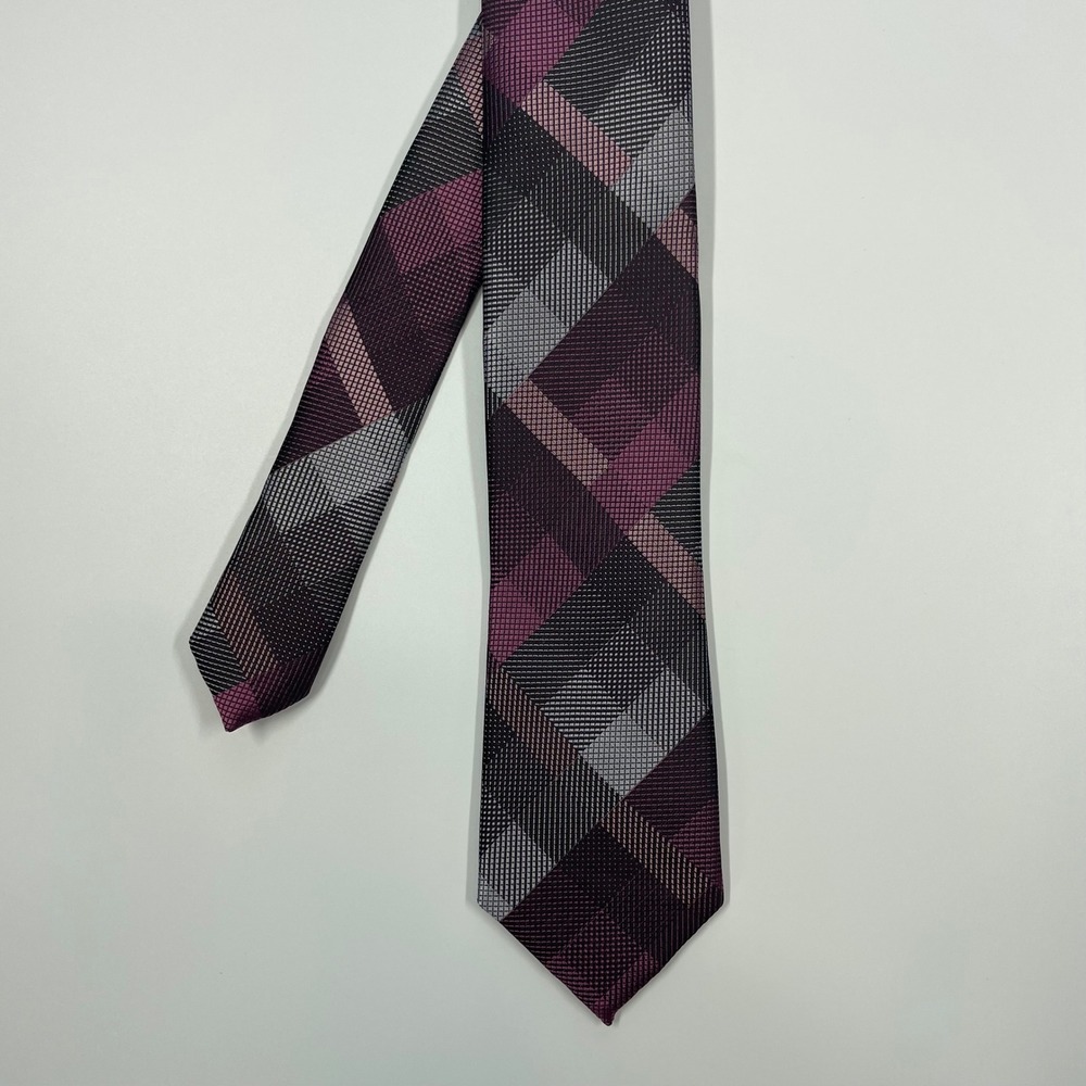 Bespoke Burgundy Grey Geometric Plaid Necktie Mens One Size